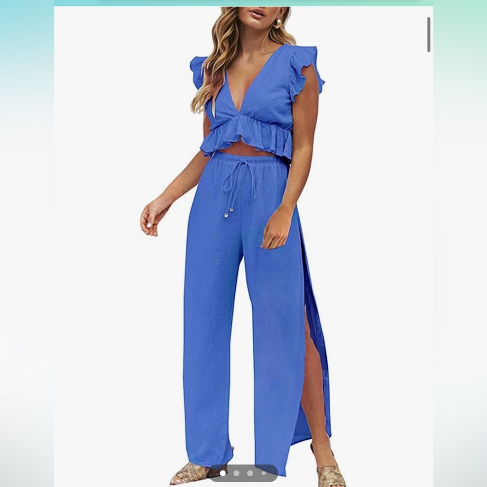 FANCYINN 2 Piece Outfit Deep V Neck Crop Top Side Slit Drawstring Pants